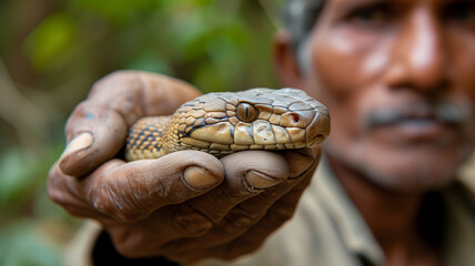 Fototapeta premium Snake charmer holding snake 