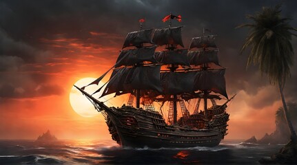 Obraz premium pirate ship - illustration of a dark pirate ship against the background of the setting sun and palm trees