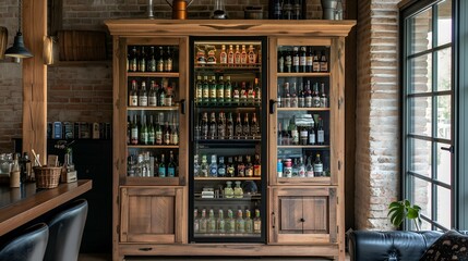 Vintage bar counter with bottles of wine and other alcohol drinks.