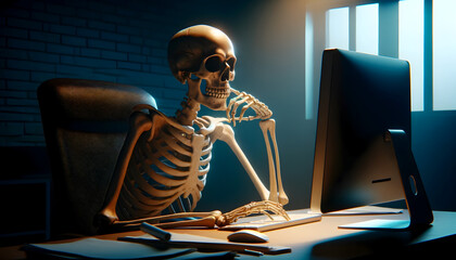 Skeleton with headphones sitting at desk, waiting in front of computer