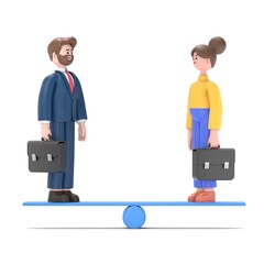 Equal weight business person. Business seesaw and balance.3D rendering on white background.
