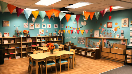 Foster a love for learning in this vibrant and playful classroom. The colorful and creative environment provides the perfect space for young minds to thrive. - obrazy, fototapety, plakaty