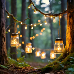 Forest Illumination: Mason Jar Lights - obrazy, fototapety, plakaty