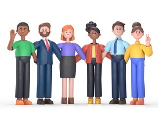 International friendship flat 3D illustration. Young diverse people group standing together cartoon characters. Multiethnic unity and peace concept. Diversity and social togetherness idea.

