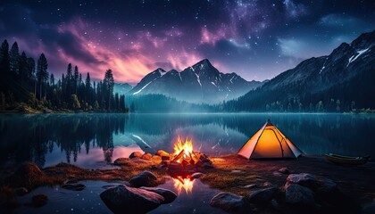 View of night sky with multicolored aurora borealis and mountain peak background. Night glows in vibrant aurora reflection on the lake with forest.  - obrazy, fototapety, plakaty