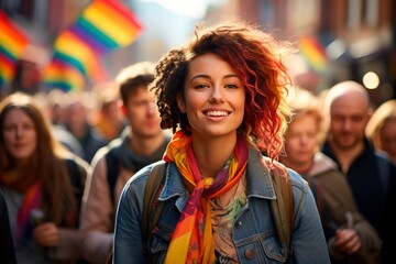 In this vibrant and joyous snapshot, an exuberant crowd marches in the lively and colorful LGBTQ+ parade, celebrating diversity, pride, and equality with infectious energy  - obrazy, fototapety, plakaty
