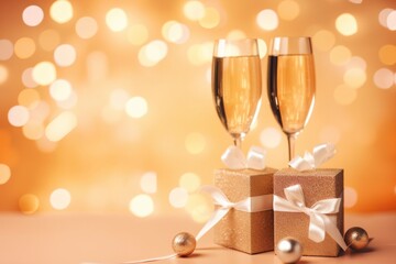 Sparkling glasses of champagne sit amid a festive scene of confetti, setting the mood for a lively celebration on a plain background, capturing the essence of joyous parties and special moments