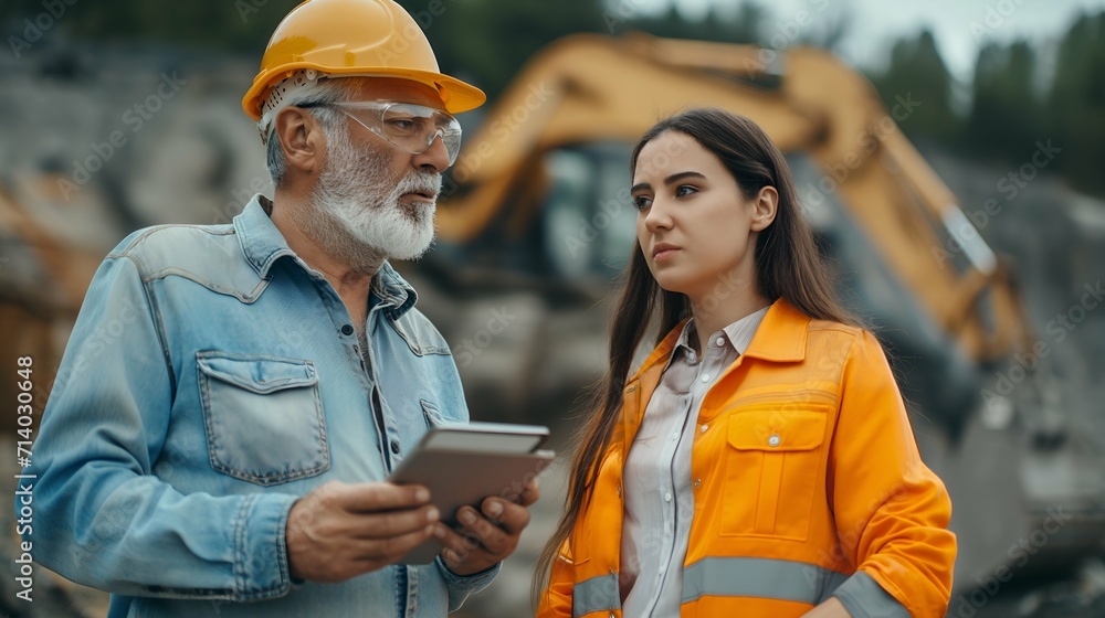 Wall mural Mature man and woman working on construction site. They are using tablet and smiling.