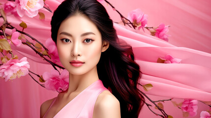 Close-up of an Asian Woman in a Pink Dress, Flowing Salmon-colored Silk, Stunning Beauty