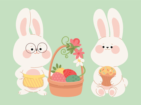 A cute Easter bunny couple with basket with painted eggs and traditional cake. Flat cartoon rabbit characters for Happy Easter card, sticker, web design, banner. Vector illustration of Easter symbols.