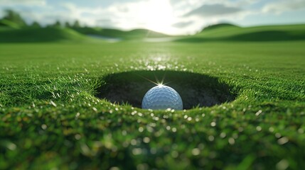 A close-up of the interior of the hole is shown when the golf ball drops into the camera. - obrazy, fototapety, plakaty