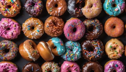 A lot of colorful donuts settled on elegant dark background 
