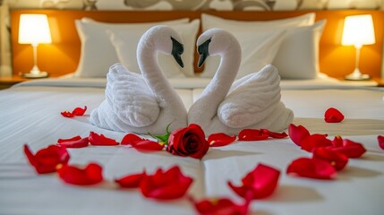 White two towel swans and red rose on the bed in Honey moon suit honeymoon sweet. Swan couple put on bed look like heart shape with rose petals for honeymoon lover 