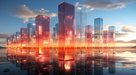 Amidst the stunning metropolis skyline, towering skyscrapers reflect the vibrant sunset over the peaceful lake, creating a beautiful contrast of glass and nature in this bustling cityscape