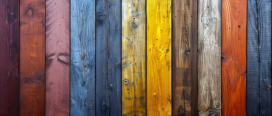 Colorful painted wooden wall made from thin plank. Natural looking grunge surface.	
