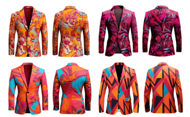 Set of vibrant suits with motley patterns, cut out