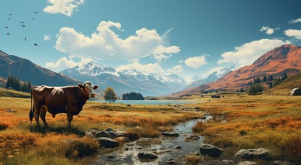 A majestic bovine, surrounded by vibrant green grass and framed by towering mountains, stands proudly in a peaceful pasture under a clear blue sky, embodying the raw beauty of the great outdoors