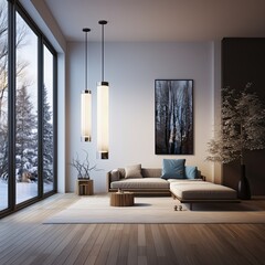 Modern and minimalist living room with hanging lamp, Generative AI