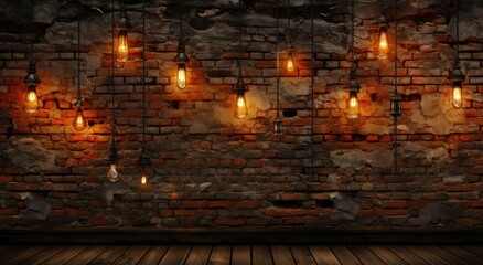 The warm glow of the flickering amber flame from the candle on the brick fireplace casts a cozy light against the stone wall, creating a comforting and inviting atmosphere in the indoor space - obrazy, fototapety, plakaty