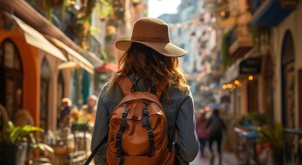 A stylish woman confidently explores the city streets, adorned in a trendy fedora and carrying a backpack, exuding a sense of urban adventure and fashion-forward attitude