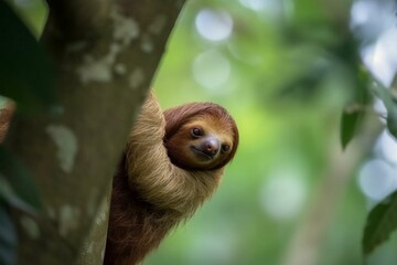 adorable sloth hanging on tree in isolated setting. Generative AI