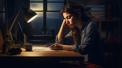 A sad woman working at night in an office