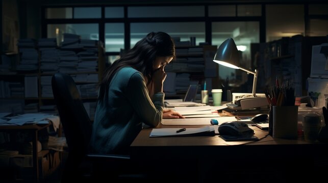 A Sad Woman Working At Night In An Office