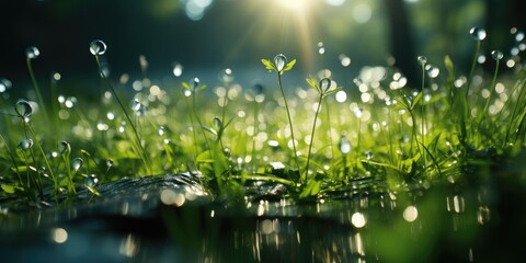 A vibrant patch of green grass glistens with dew drops, reflecting the light and capturing the essence of nature's refreshing beauty