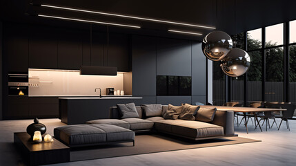 Luxurious open plan livingroom and kitchen in black and dark grey, modern style living room and kitchen interior design.