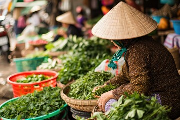 Vietnamese Market Tradition: Witness the Local Lifestyle as a Vendor Adorned in a Conical Hat Sells Fresh Produce, Embarking on an Authentic Asian Market Adventure.