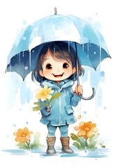 Watercolor cartoon cute child holding umbrella on rainy day