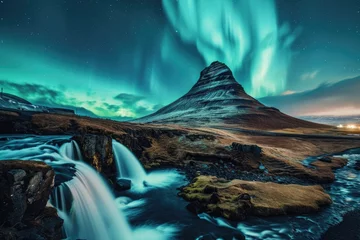 Foto auf Acrylglas Antireflex Kirkjufell Aurora Borealis over Kirkjufellsfoss Waterfall and Kirkjufell mountain in Iceland, northen Lights