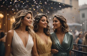 Three beautiful women standing at a terrace under confetti