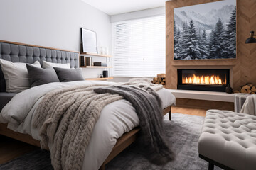 Stylish modern luxury grey bedroom interior design, scandinavian bedroom.