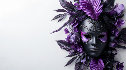  amazing and beautiful carnival mask with golden and purple tones fun time. copy space. generative ai 