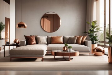 Fototapeta premium Interior home design of modern living room with sofa, table and green plant decoration near the window