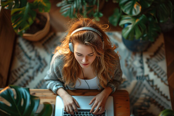 Woman in a room, surrounded by green potted plants, focused on work in front of a laptop.