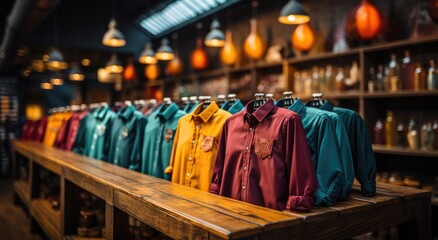 Obraz premium Vibrant shirts hang in a colorful array, beckoning for a daring fashion adventure in the trendy indoor store