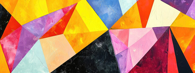 Abstract canvas with geometric patterns with a bright color palette, sharp angles and lines to create a striking visual effect