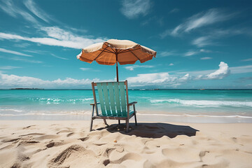Beach chairs with umbrella and beautiful beach on a sunny day .Beach chair on sand beach. Concept for rest, relaxation, holidays, spa, resort.