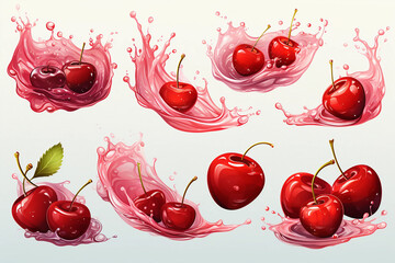 watercolor illustration. hand painted. cherry jam in a bowl and cherry berries on a white background
