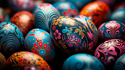 Fototapeta na wymiar Hand painted colorful stacked easter eggs wallpaper. Generative AI
