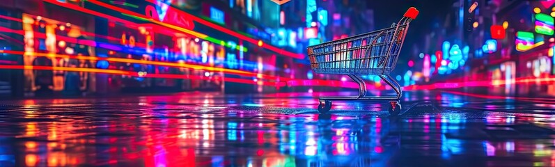 Store shopping experience illuminated by neon lights in business marketing scene with customers using carts to buy in supermarket sale commerce background merging technology and basket concept modern