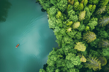 Aerial view of outdoor adventure destination mountain. A large river crosses the mountain.