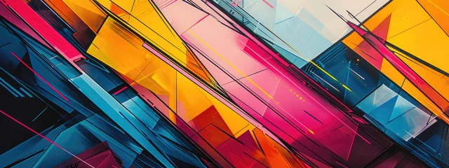 Poster Abstract canvas with geometric patterns with a bright color palette, sharp angles and lines to create a striking visual effect © boxstock production