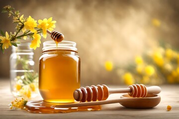 Jar of honey with flowers of acacia and dipper on light background-