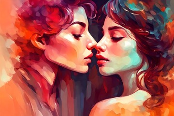 Obraz na płótnie Canvas Passionate kiss between charming handsome lovers. Colorfull image of loving couple. Cropped close up profile. Digital art in the style of a painted picture. Illustration for cover, card 