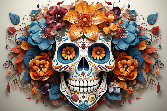 Sugar skull floral makeup with peonies and sunflowers.  colorful sugar skull adorned with intricate floral patterns,