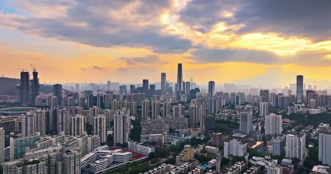 Aerial shot of Shenzhen Financial District skyline and natural scenery