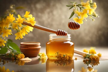 Jar of honey with flowers of acacia and dipper on light background- - obrazy, fototapety, plakaty